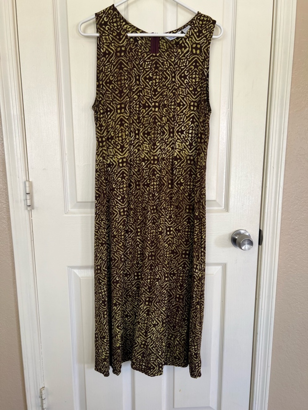 Vintage Wind River Rayon Midi Dress L | Brown Olive Geometric Print Sleeveless